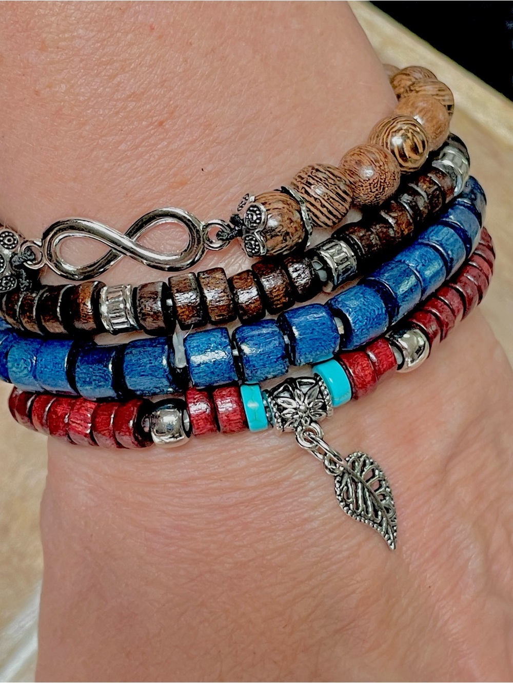 Handmade Red, Blue & Brown Beaded Bracelet Set with Leaf Charm